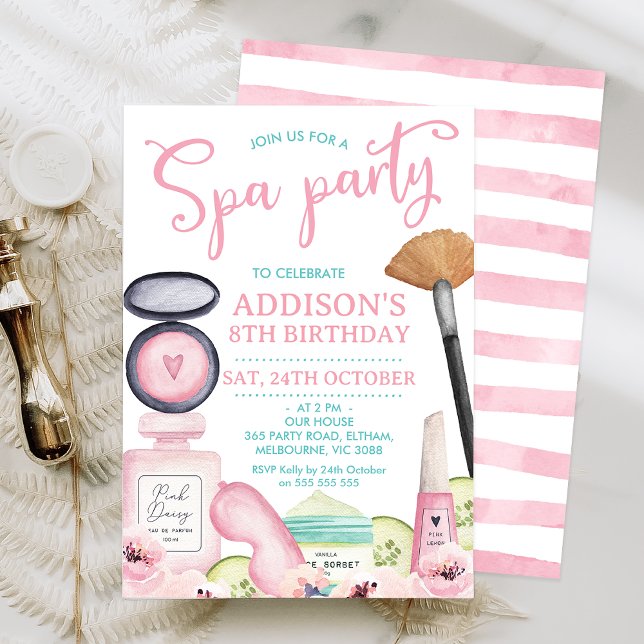 Pink Calligraphy Spa Party Birthday Invitation (Pink calligraphy heading spa party themed birthday invitation featuring various beauty products.)