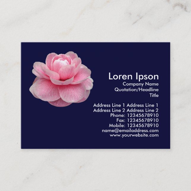 Pink Camelia - Navy Blue Business Card (Front)