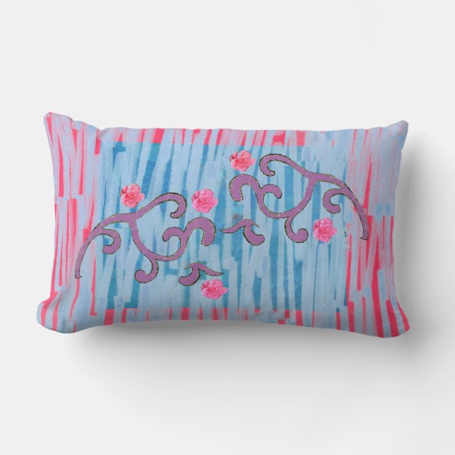 Pink Camelia & Purple Leaf Pattern Lumbar Cushion (Front)