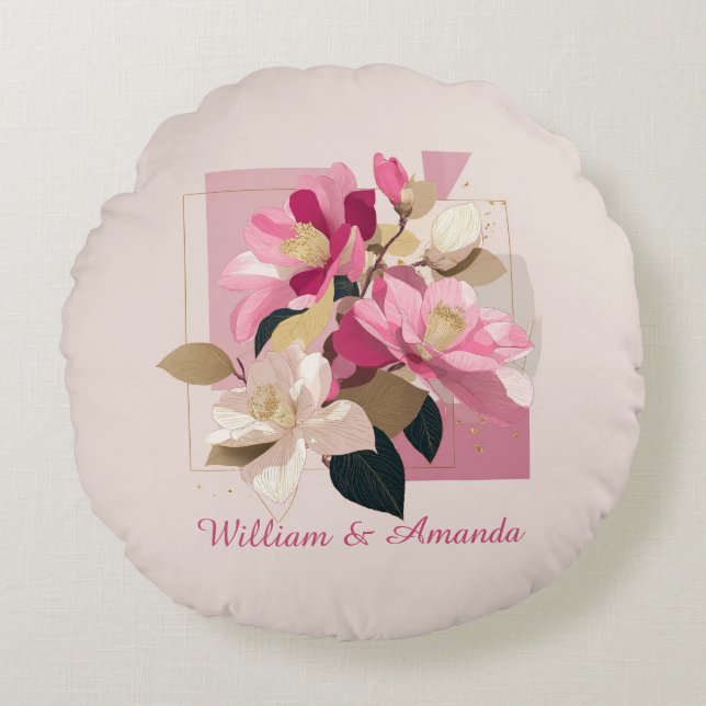 Pink Camellia Bloom Round Pillow (Front)