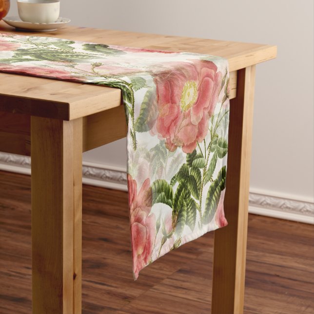 Pink Camellia Floral Pattern Short Table Runner (In Situ)