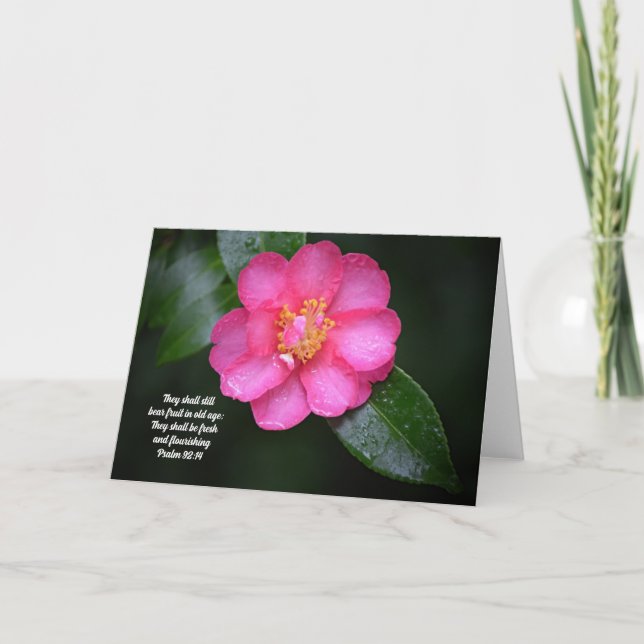 Pink Camellia Flower and Scripture Psalm 92:14 Card (Front)