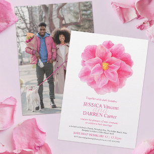 Pink camellia flower watercolor wedding photo invitation
