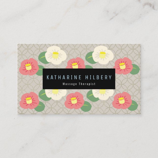 Pink Camellia Pattern Taupe Greige Business Card (Front)