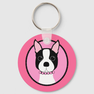 Pink Cameo Boston Terrier Key Ring