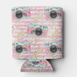 Pink Cameras on Striped Background Can Coolers