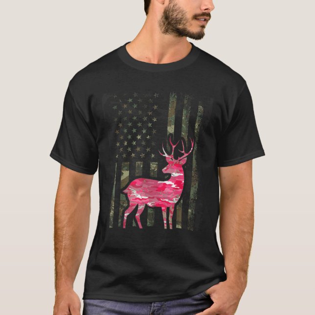 Pink Camo American Flag Camouflage Buck Hunting Wo T-Shirt (Front)