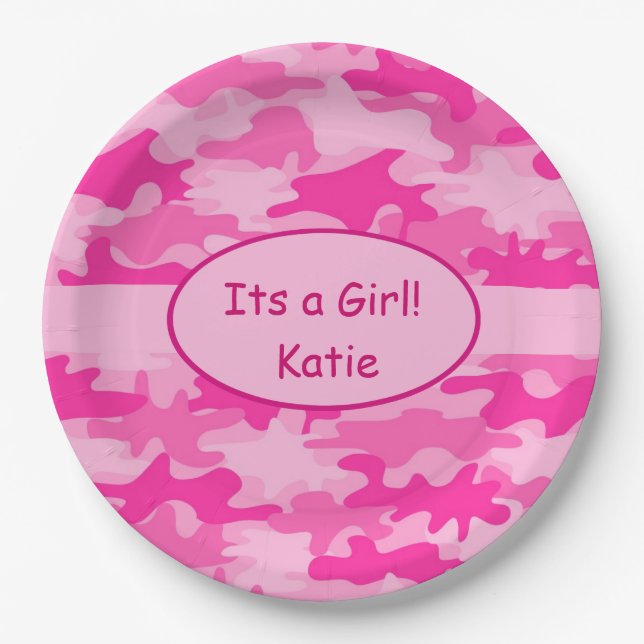 Pink Camo and Name Its A Girl Baby Shower Paper Plate (Front)