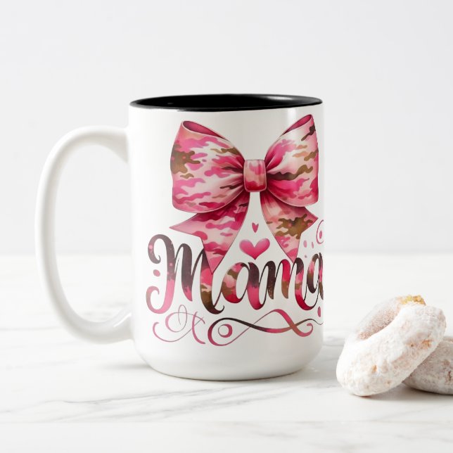 Pink Camo Bow Mama Script Design Two-Tone Coffee Mug (With Donut)