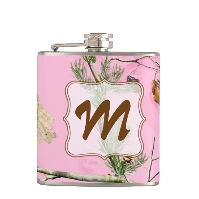Pink Camo Camouflage Hunt Monogram Whiskey Flask (Front)