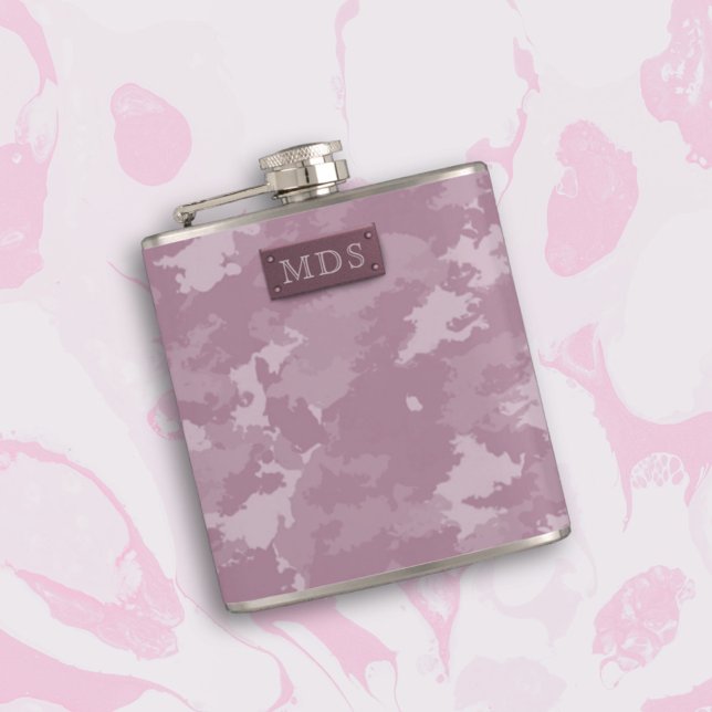 Pink Camo Camouflage Monogrammed Flask (Pink Modern Camo Camouflage Monogrammed Flask with space for your initials)