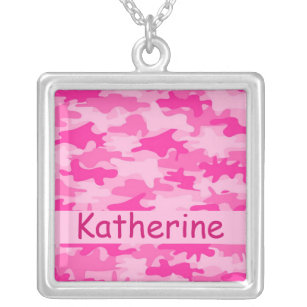 Pink Camo Camouflage Name Personalised Silver Plated Necklace