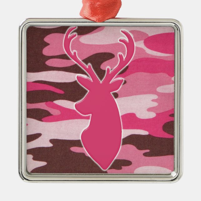 Pink camo deer head metal ornament (Front)