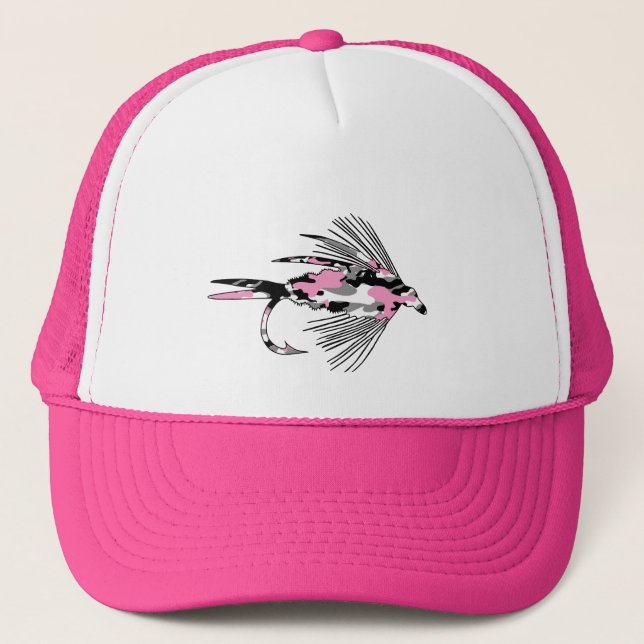 Pink Camo Fly Fishing Lure Trucker Hat (Front)