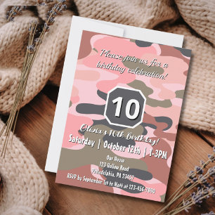 Pink Camo Girls Customisable Birthday Party Custom Invitation