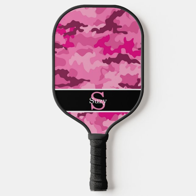 Pink Camo Hunter Camouflage Initial Monogram Pickleball Paddle (Front)