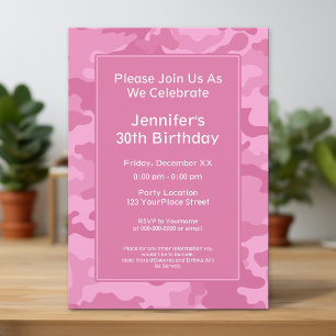 Pink Camo Military Theme Birthday Party Invitation