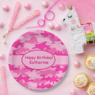 Pink Camo Name Personalised Happy Birthday Party Paper Plate