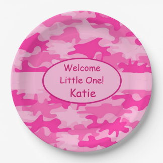 Pink Camo Name Personalised New Baby Girl Paper Plate
