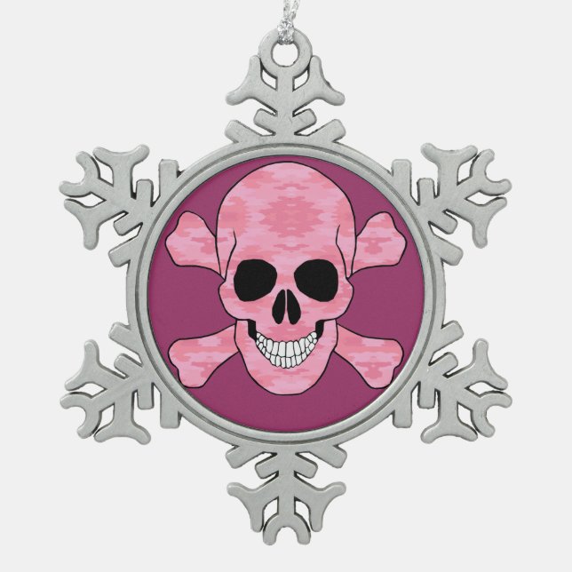 Pink Camo Skull And Crossbones Snowflake Ornament (Front)