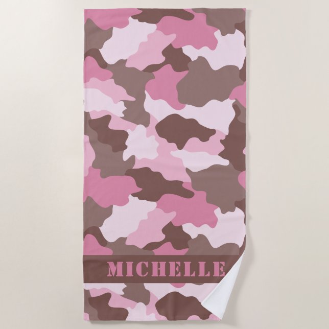 Pink Camouflage Camo Monogram Beach Towel (Front)