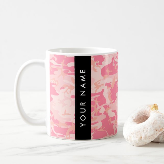 Pink Camouflage Pattern, Your name, Personalise Coffee Mug (With Donut)