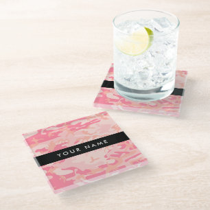 Pink Camouflage Pattern, Your name, Personalise Glass Coaster