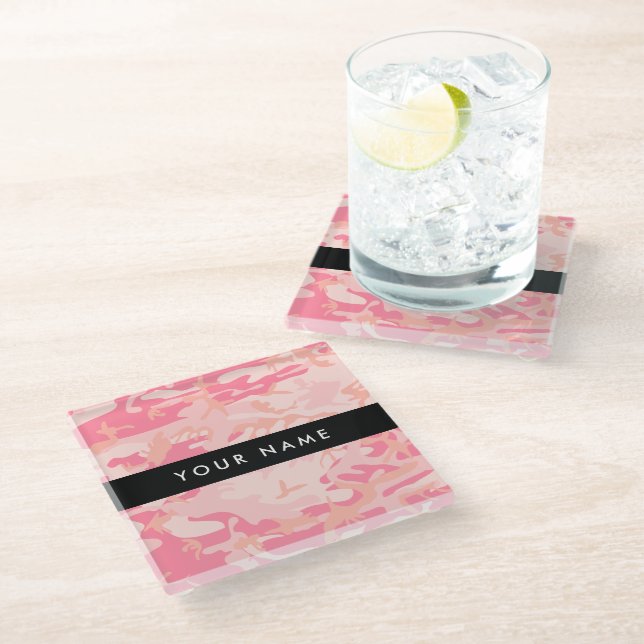 Pink Camouflage Pattern, Your name, Personalise Glass Coaster (Angled)