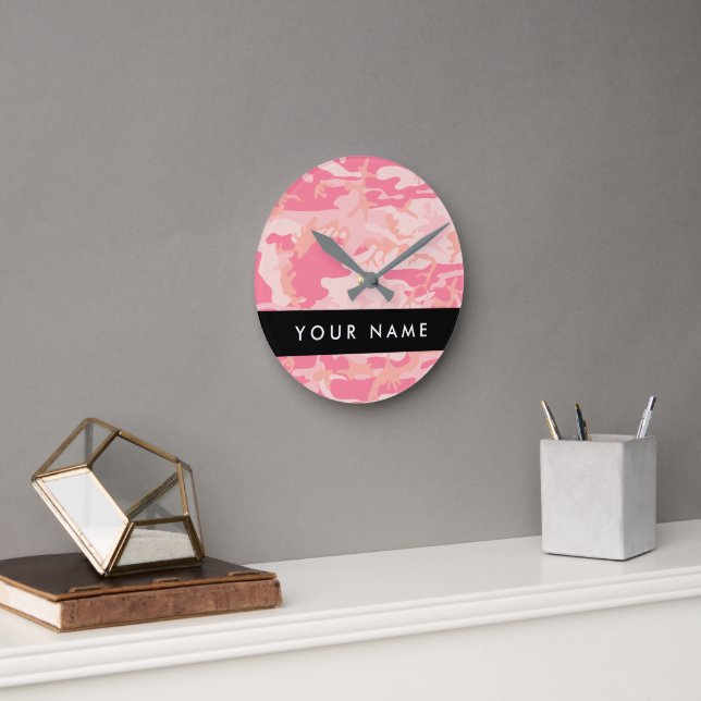 Pink Camouflage Pattern, Your name, Personalise Round Clock (Office)