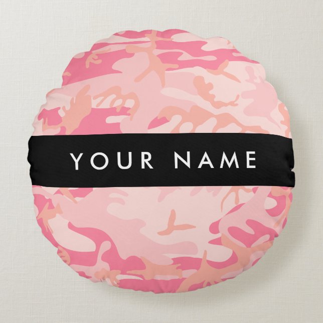 Pink Camouflage Pattern, Your name, Personalise Round Cushion (Front)