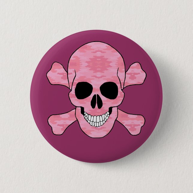 Pink Camouflage Skull And Crossbones Button (Front)