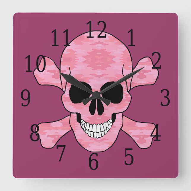 Pink Camouflage Skull And Crossbones Clock (Front)