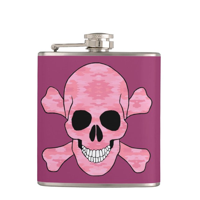 Pink Camouflage Skull And Crossbones Flask (Front)