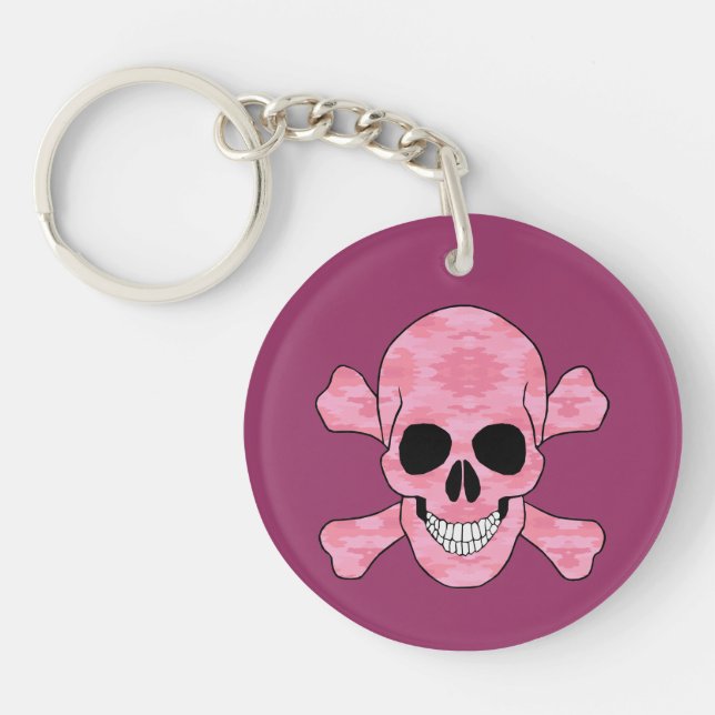 Pink Camouflage Skull And Crossbones Key Chain (Front)