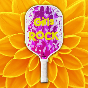 Pink camouflage with yellow text pickleball paddle