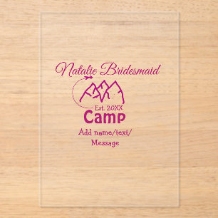 Pink camp bridesmaid add name date year bacheloret acrylic invitations