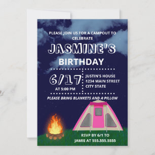 Pink Camp-out Birthday Party Invitation
