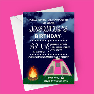 Pink Camp-out Birthday Party Invitation
