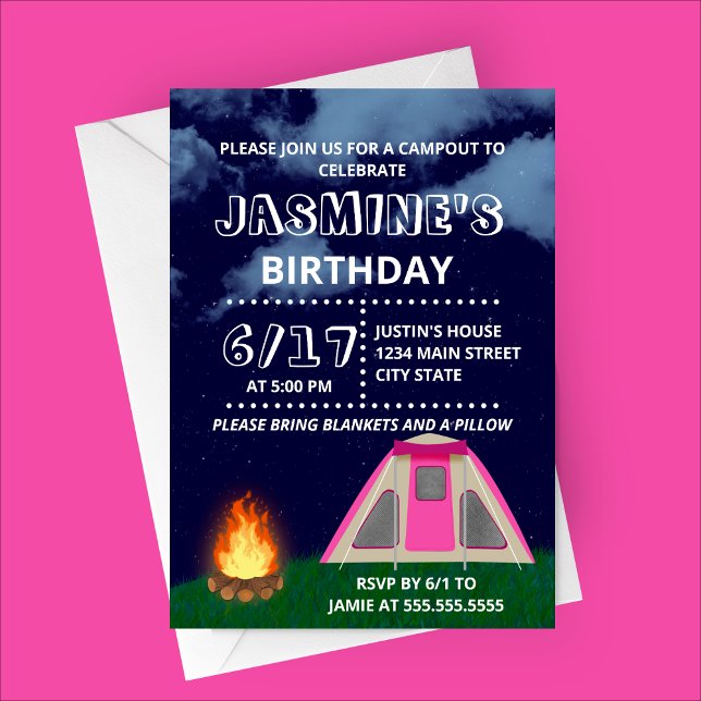 Pink Camp-out Birthday Party Invitation (Pink Camping Birthday Party Invitation)