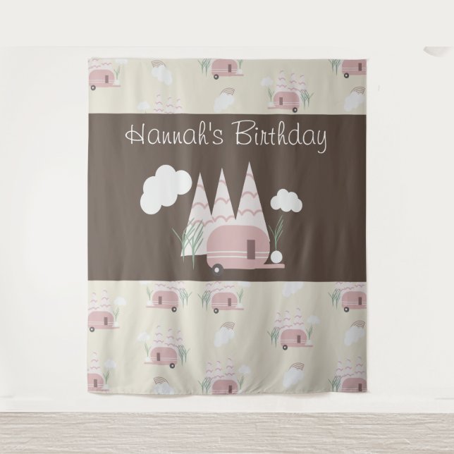 Pink Camper Camping Birthday Party Tapestry (Front)