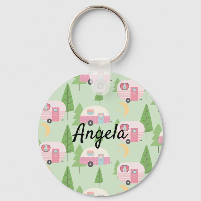 Pink Campers Adorable Woods Camping Pattern Key Ring (Front)