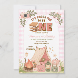 Pink Camping First Birthday S’more Fun Invitation