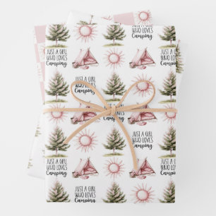 Pink Camping Pattern Wrapping Paper Sheet