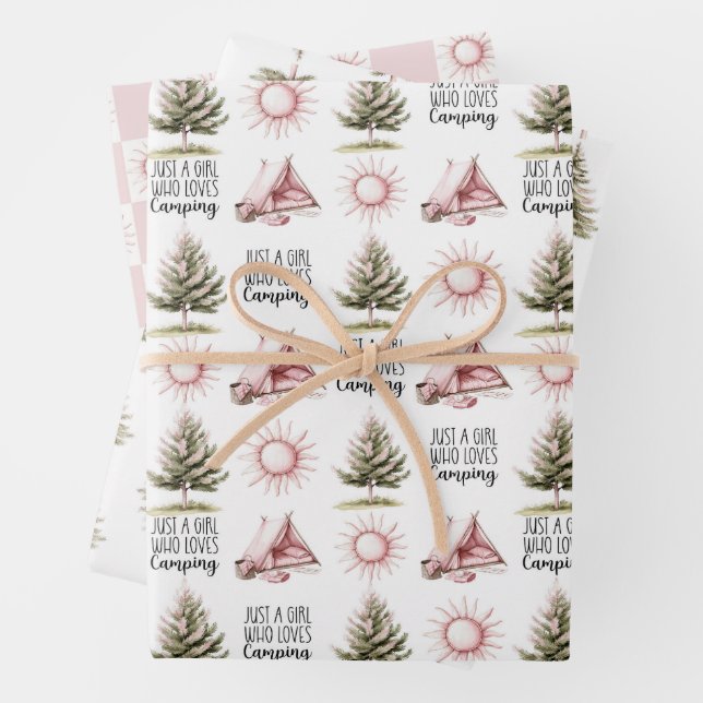Pink Camping Pattern  Wrapping Paper Sheet (In situ)