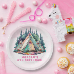 Pink Camping Sleepover Birthday Party Paper Plate