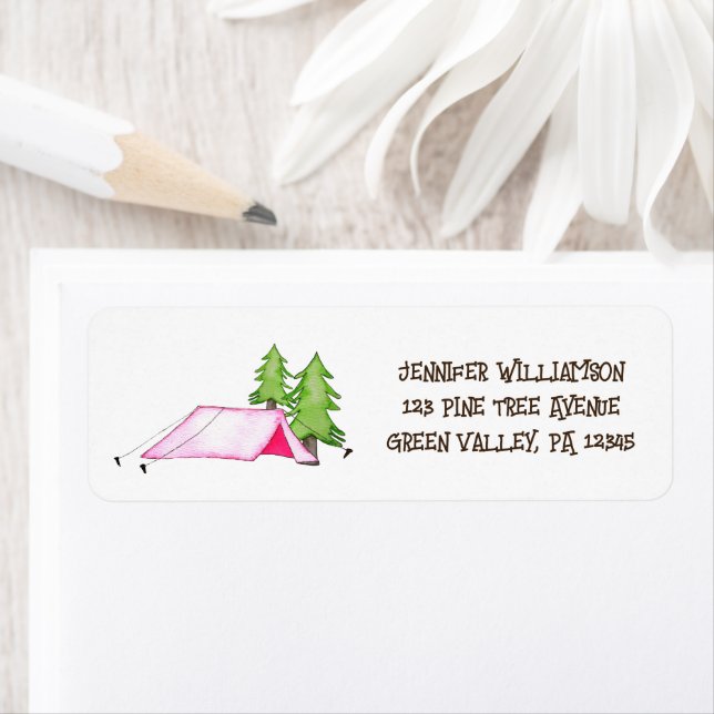 Pink Camping Tent and Pine Trees Return Address Label (Insitu)
