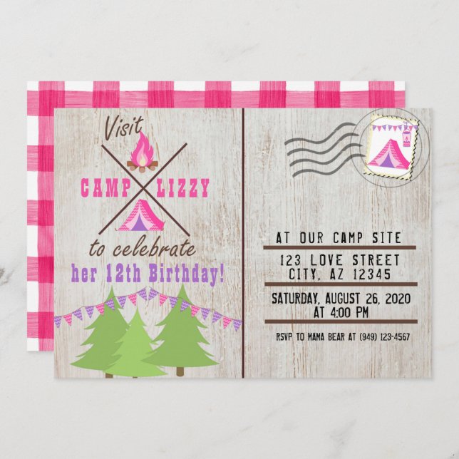 Pink Camping Wood Flannel Post Card Birthday (Front/Back)