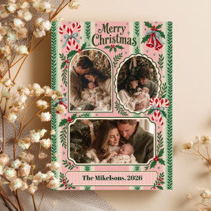 Pink Candy Cane 3 Photo Christmas Card