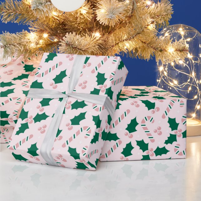 Pink Candy Canes and Holly Leaves Pattern  Wrapping Paper (Holidays)