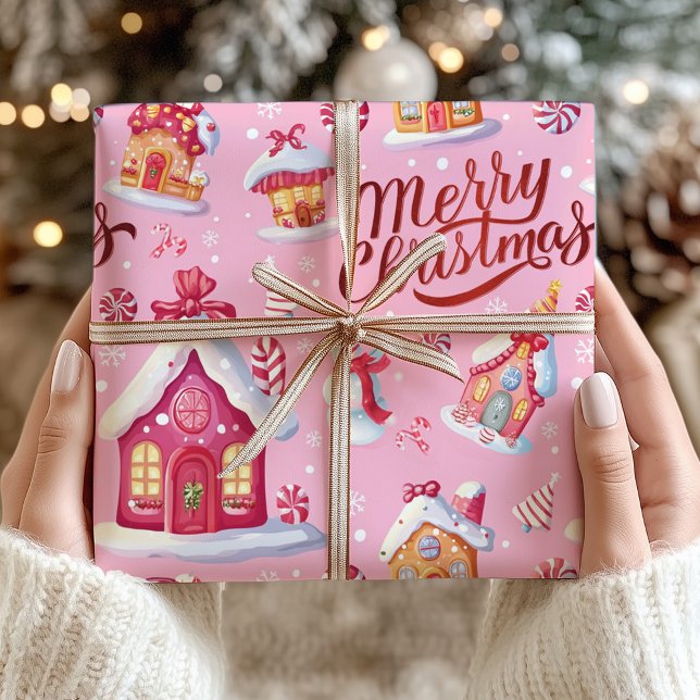 Pink Candy Festive Merry Christmas Wrapping Paper (Pink Candy Festive Merry Christmas Wrapping Paper)